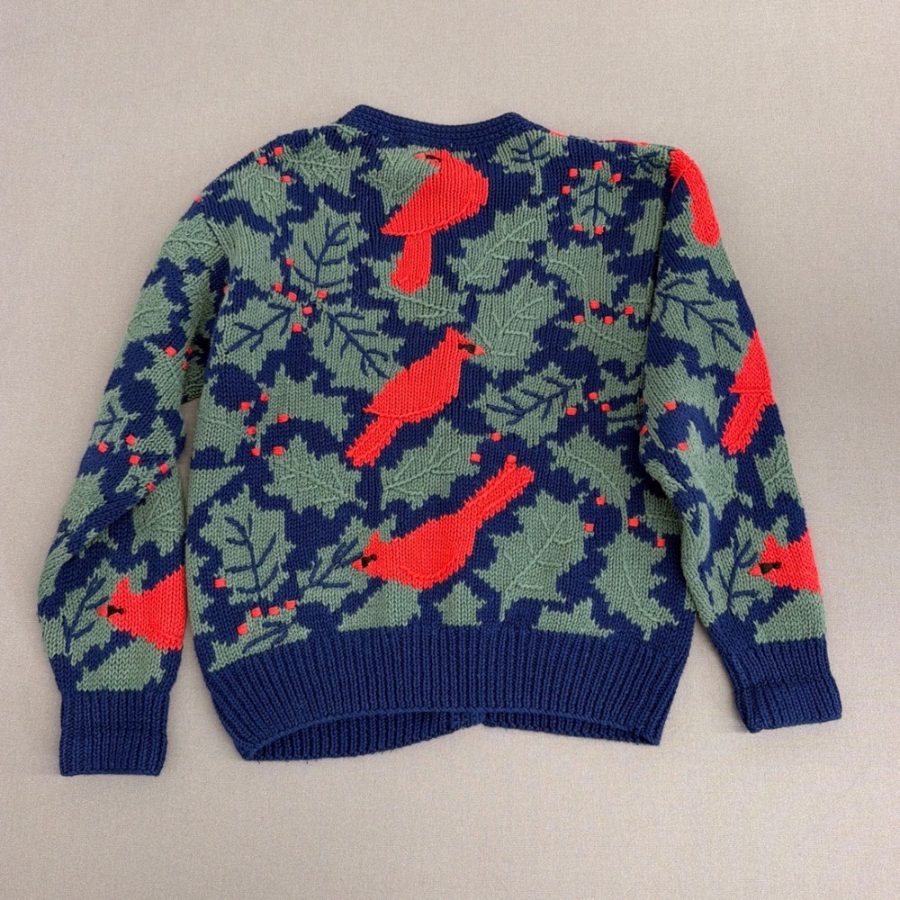 Orvis Vintage Cardinal Bird Holly Knit Cardigan Sweater Navy Blue Red Small - Picture 2 of 7